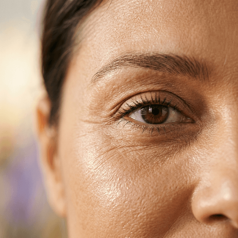 Close up de rugas e linhas finas ao redor dos olhos