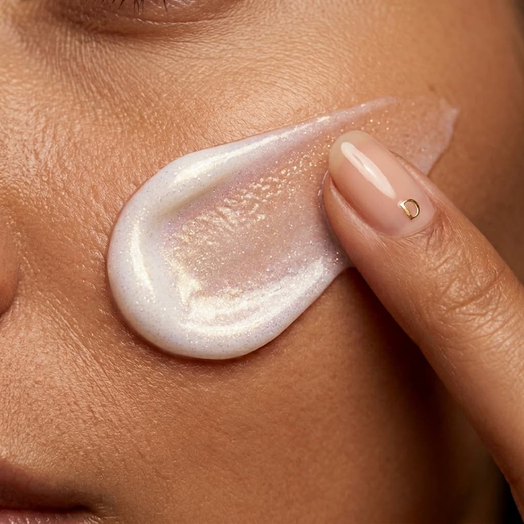 Macro da textura do creme Firmage sendo aplicado na pele